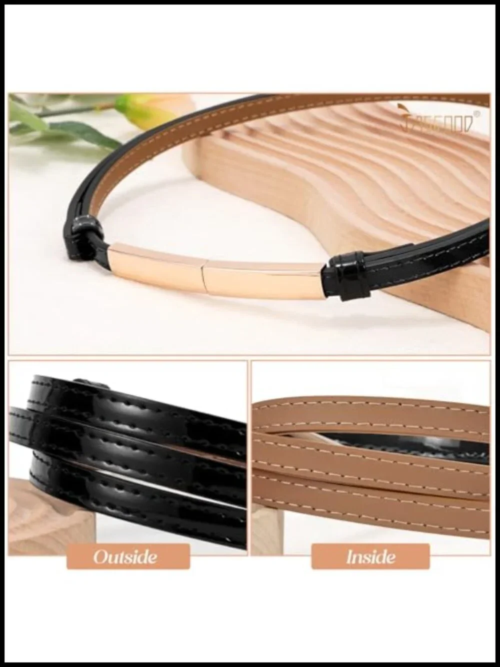 Women's Skinny Leather Patent Belt with Gold Square Interlocking Buckle |